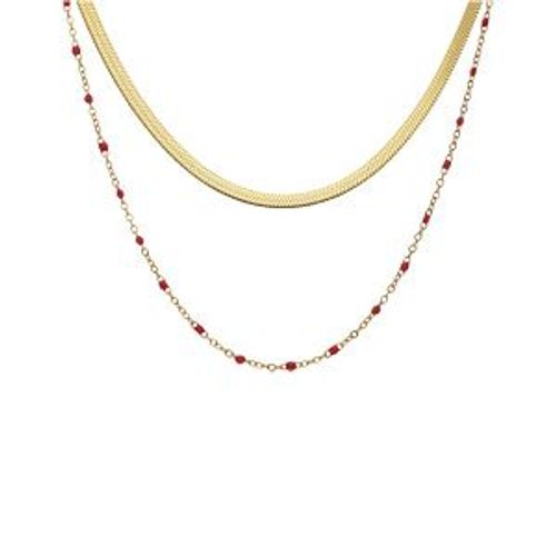 Collier Acier Et Pvd Jaune 2 Rangs Maille Plate Et Résine Rouge 37+5cm