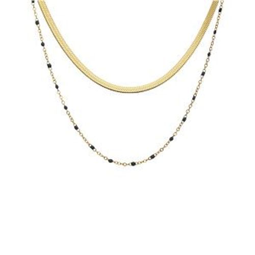 Collier Acier Et Pvd Jaune 2 Rangs Maille Plate Et Résine Noire 37+5cm