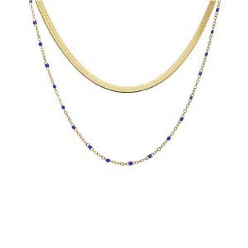 Collier Acier Et Pvd Jaune 2 Rangs Maille Plate Et Résine Bleu Foncé 37+5cm