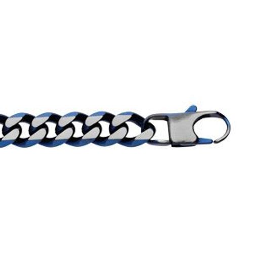Bracelet Acier Maille Gourmette 10mm Pvd Brossé Aspect Patiné Chanfrin Bleu 21cm