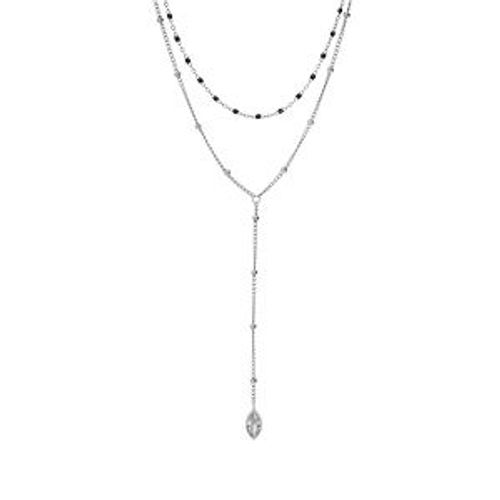 Collier Acier Plongeant Double Avec Boules Et Résine Noire Avec Oxyde Blanc Serti 40+5cm