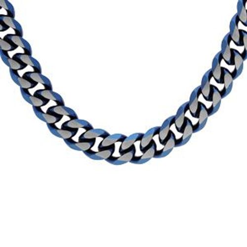 Collier Acier Maille Gournette 8mm Pvd Brossé Aspect Patiné Chanfrin Bleu 55cm