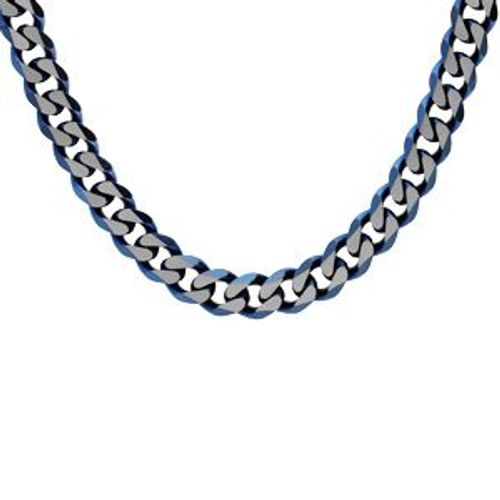 Collier Acier Maille Gourmette 6mm Pvd Brossé Aspet Patiné Chanfrin Bleu 55cm