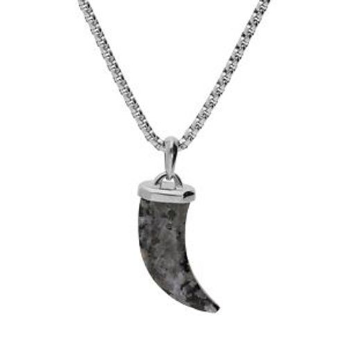 Collier Acier Pendentif Corne 40 Mm De Long Labradorite Véritable 55+5cm
