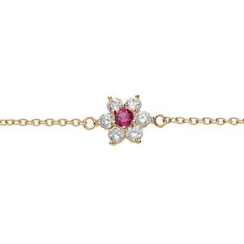 Bracelet Plaqué Or Pendentif Marguerite Oxydes Centre Rouge Foncé Et Contour Blancs Sertis 16.5+2cm