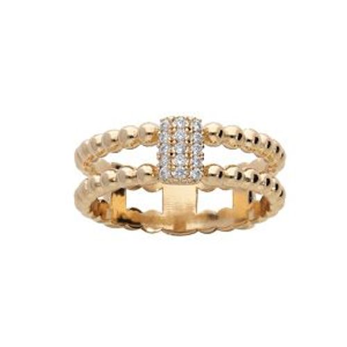 Bague Plaqué Or 2 Rangs Boules Et Pavé Oxydes Blancs Sertis