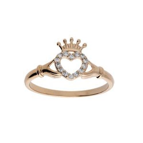 Bague Plaqué Or Claddagh Irlande (Amitié, Amour, Loyauté) Avec Oxydes Blancs Sertis