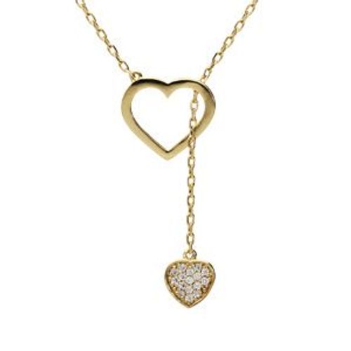 Collier Plaqué Or Coeur Évidé Et 1 Coeur Oxydes Blancs Sertis 41+3cm