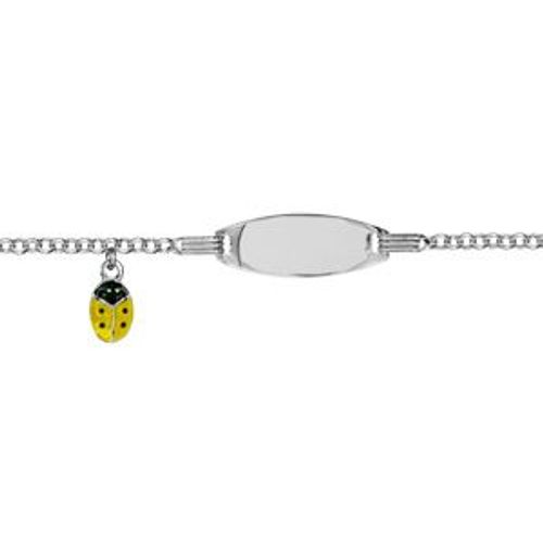 Gourmette Argent Rhodié Bébé Plaque Ovale Pampille Coccinelle Jaune Point Noir 13+2cm