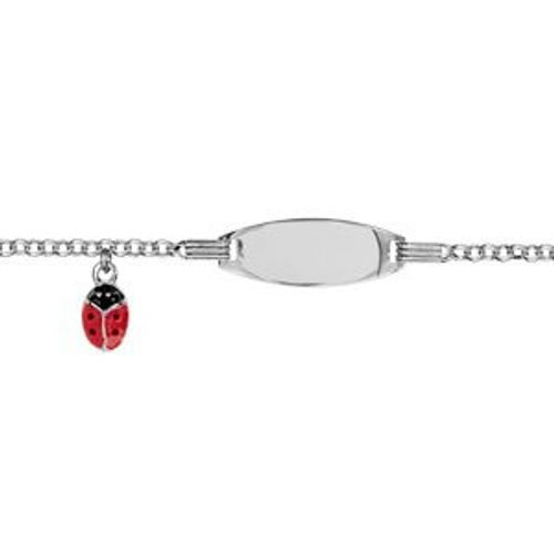 Gourmette Argent Rhodié Bébé Plaque Ovale Pampille Coccinelle Rouge Point Noir 13+2cm