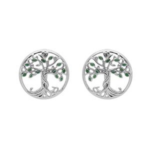 Boucles D'oreilles Tige Argent Rhodié Arbre De Vie Résine Verte