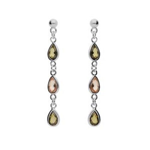 Boucles D'oreilles Tige Argent Rhodié Massif Pendantes Gouttes Oxydes Verts Et Orangé