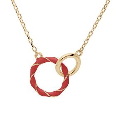 Collier Argent Doré Pendentif 2 Anneaux 1 Résine Rouge 1 Lisse 42+3cm