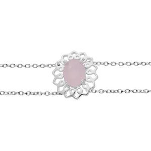 Bracelet Argent Rhodié Double Chaîne Motif Fleur Pierre Rose 16+3cm