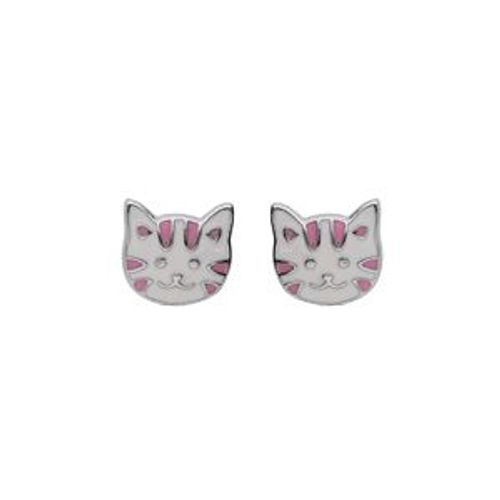 Boucles D'oreilles Tige Argent Rhodié Tëte Chat Résine Blanc Et Rose