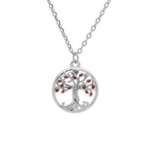 Collier Argent Rhodié Pendentif Arbre De Vie Résine Rouge 40+4cm