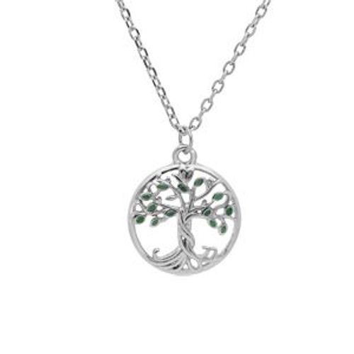 Collier Argent Rhodié Pendentif Arbre De Vie Résine Verte 40+4cm