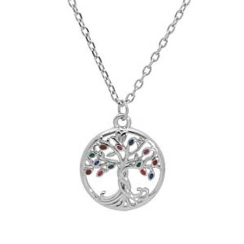 Collier Argent Rhodié Pendentif Arbre De Vie Résine Multi Couleurs 40+4cm