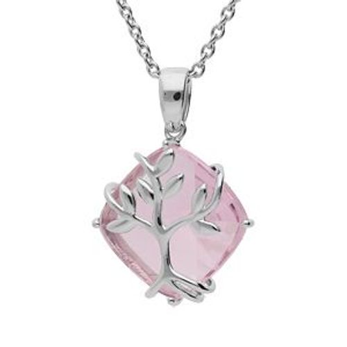 Collier Argent Platiné Pendentif Oxyde Rose Avec Arbre De Vie 42+3cm