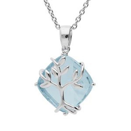 Collier Argent Platiné Pendentif Oxyde Bleu Ciel Avec Arbre De Vie 42+3cm