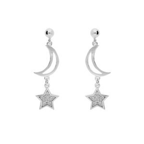 Boucles D'oreilles Tige Argent Platiné Lunes Et Étoiles Oxydes Blancs Sertis