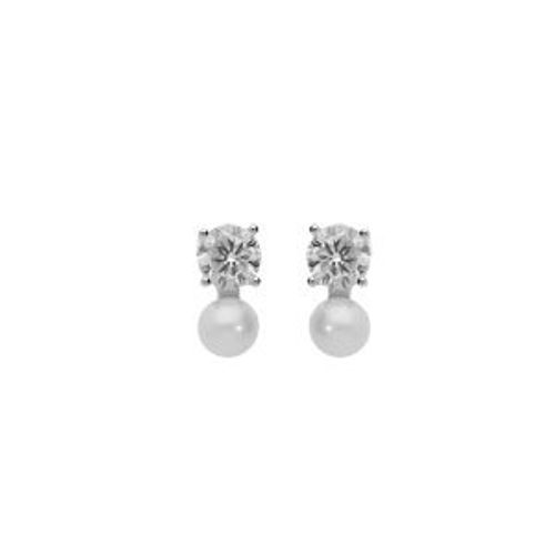 Boucles D'oreilles Tige Argent Rhodié Perle De Culture D'eau Douce Blanche 4mm Et Oxyde Blanc Serti