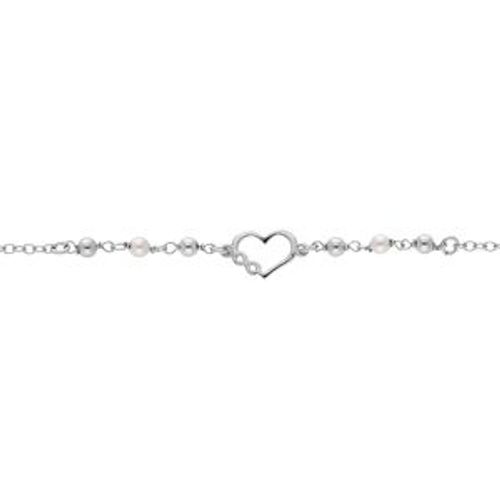 Bracelet Argent Rhodié Boules Et Perles Blanches Imitation Avec Coeur Et Infini 16+3cm