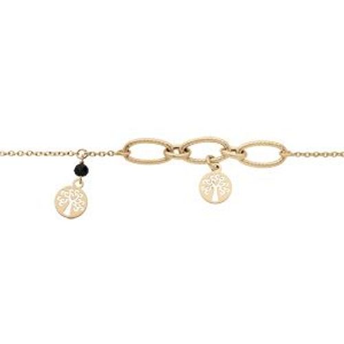 Bracelet Argent Et Dorure Jaune 2 Pampilles Arbre De Vie Et Pierre Imitation Faceté Noire 16+3cm