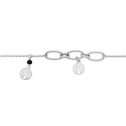 Bracelet Argent Rhodié 2 Pampilles Arbre De Vie Et Pierre Imitation Faceté Noire 16+3cm