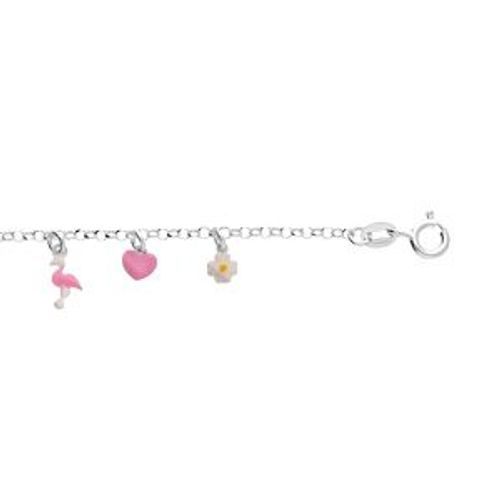 Bracelet Argent Rhodié Pampille Coeurs Fleurs Et Flamant Rose 13+3cm