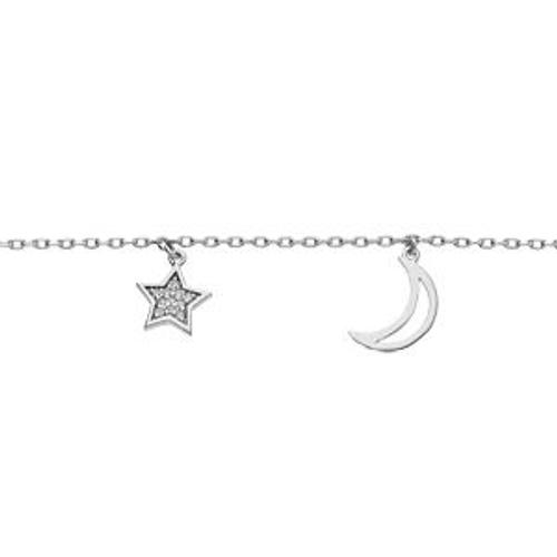 Bracelet Argent Platiné Pampilles Lune Évidée Et Coeur Oxydes Blancs Sertis 16+3cm