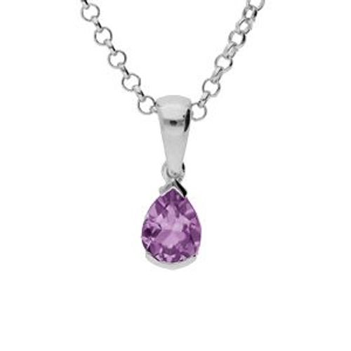 Collier Argent Rhodié Pendentif Poire 8x6mm Amethyste Véritable 40+5cm