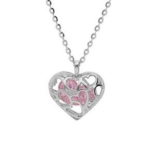 Collier Argent Rhodié Pendentif Ajouré Et Oxyde Rose 39+4cm