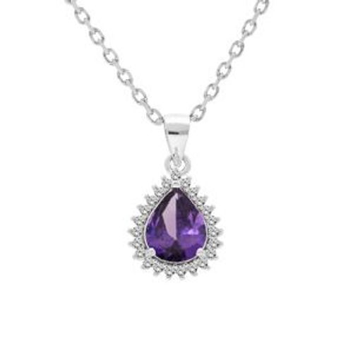 Collier Argent Rhodié Pendentif Amethyste Véritable Forme Goutte 8x6 Contour Oxydes Blancs Sertis 42+3cm