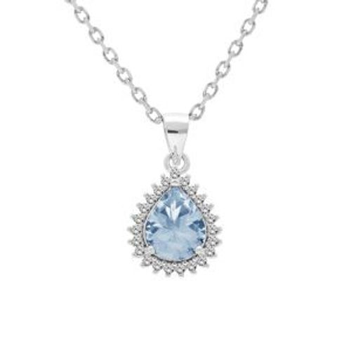 Collier Argent Rhodié Pendentif Topaze Bleue Véritable Forme Goutte 8x6 Contour Oxydes Blancs Sertis 42+3cm