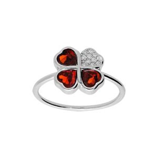 Bague Argent Rhodié Trèfle Et Coeur Oxydes Rouge