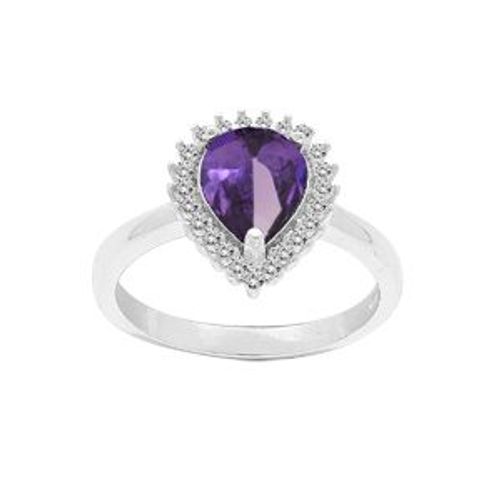 Bague Argent Rhodié Améthyste Véritable Forme Goutte 8x6 Contour Oxydes Blancs Sertis