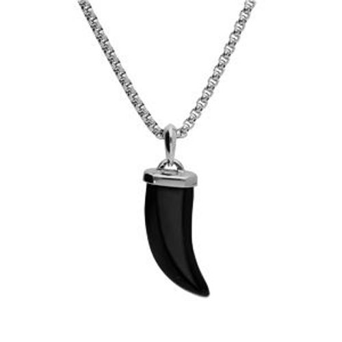 Collier Acier Pendentif Corne 40 Mm De Long Onyx Véritable 55+5cm