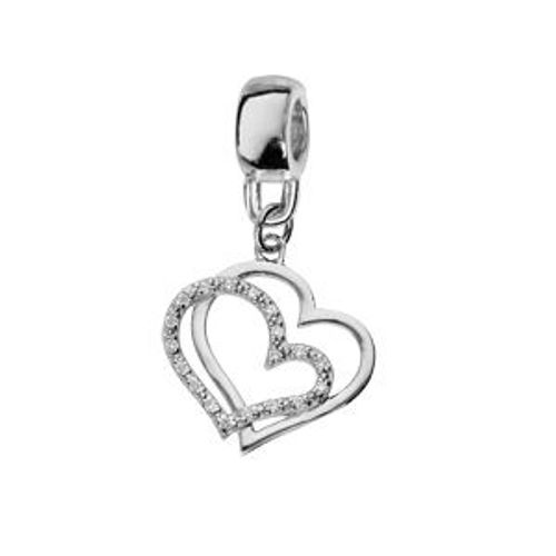 Thabora Charms Coulissant Argent Platiné Suspendu Double Coeurs Oxydes Blancs Sertis