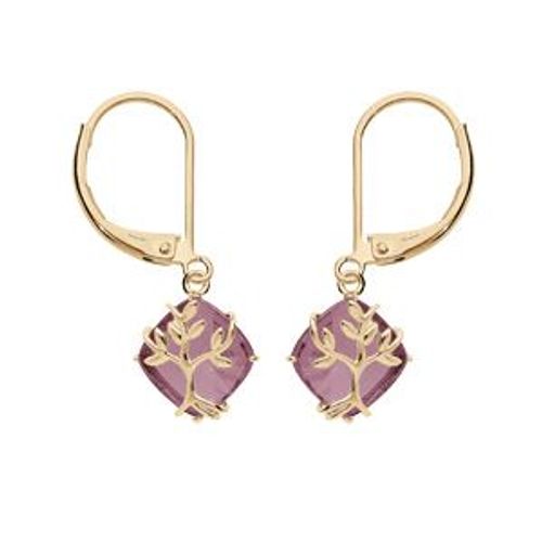 Boucles D'oreilles Plaqué Or Oxyde Violet Avec Arbre De Vie