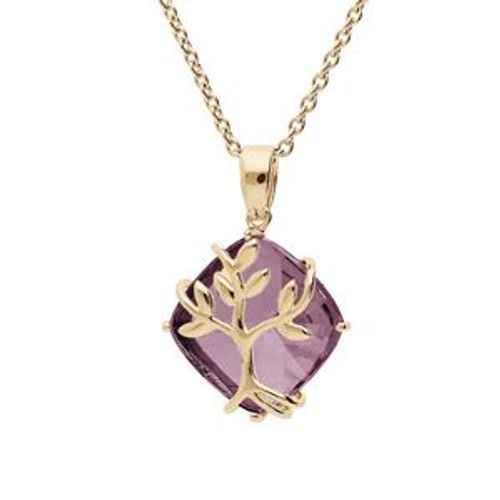 Collier Plaqué Or Pendentif Oxyde Violet Avec Arbre De Vie 42+3cm