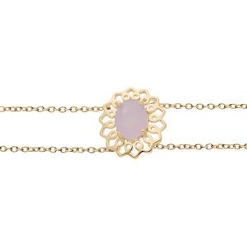 Bracelet Plaqué Or Double Chaîne Motif Fleur Pierre Rose 16+3cm