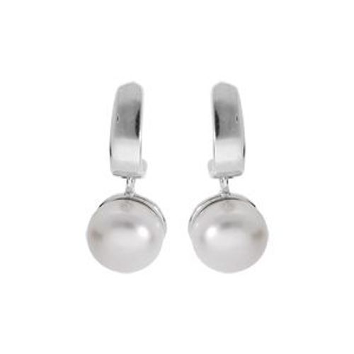 Boucles D'oreilles Tige Argent Rhodié Demi Créoles Perle De Culture D'eau Douce Blanche