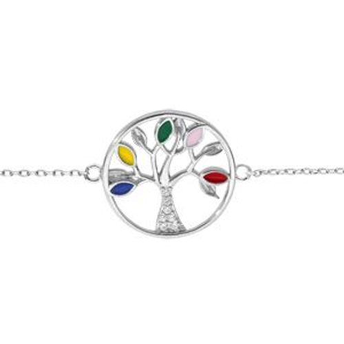 Bracelet Argent Rhodié Arbre De Vie Résine Multi Couleurs Et Oxydes Blancs 16+3cm