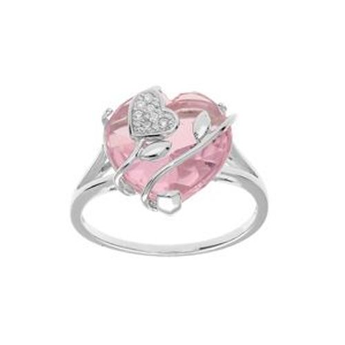 Bague Argent Platiné Coeur Oxyde Rose Avec Volute