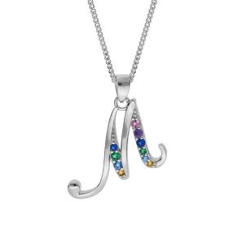 Collier Argent Rhodié Pendentif Initiale M Oxydes Multi Couleurs Sertis 42+3cm