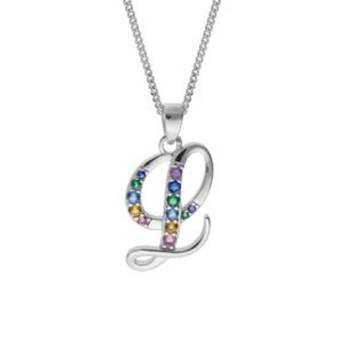 Collier Argent Rhodié Pendentif Initiale L Oxydes Multi Couleurs Sertis 42+3cm