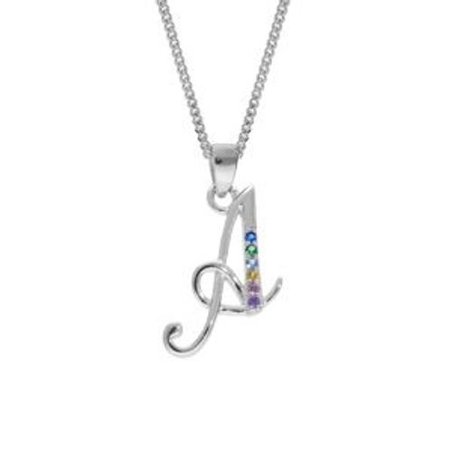 Collier Argent Rhodié Pendentif Initiale A Oxydes Multi Couleurs Sertis 42+3cm
