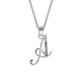 Collier Argent Rhodié Pendentif Initiale A Oxydes Multi Couleurs Sertis 42+3cm