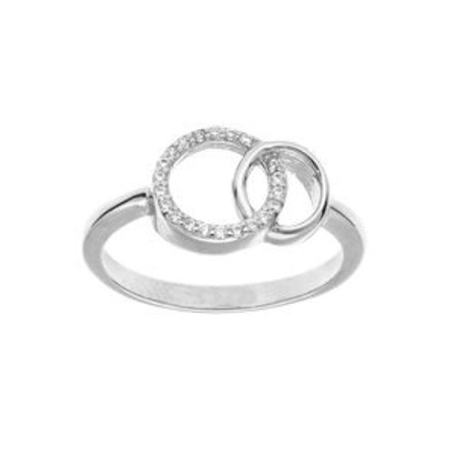 Bague Argent Rhodié 2 Cercles Entrelacés 1 Lisse Et Oxydes Blancs Sertis